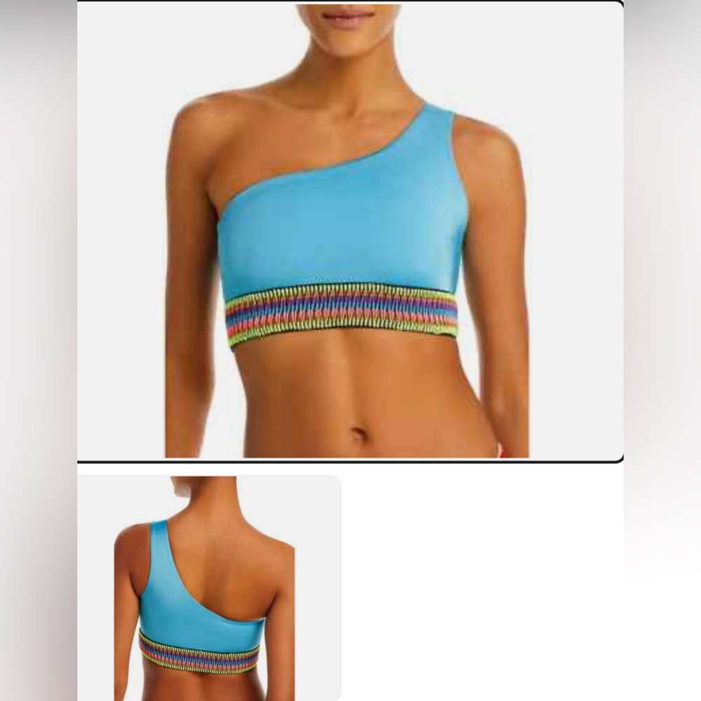 PEIXOTO zoni One-Shoulder Blue bikini  swim Top Multicolor crochet like Trim NWT